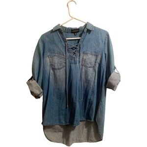 My Michelle Blue Denim Style Jean Tunic Blouse Womens Large Lightweight Lace up